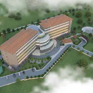 May include: An aerial view of a modern hotel complex. The buildings have brown roofs and beige walls with multiple windows. A curved glass structure connects the two main buildings. The grounds include a parking area, a tennis court, and a winding road.
