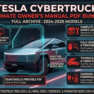 Könnte beinhalten: Ein digitales Paket für Tesla Cybertruck 2024-2026 Modelle mit einer silbernen Fahrzeuggrafik und Text, der ein durchsuchbares, druckbares PDF-Benutzerhandbuch, technische Spezifikationen, Frachtdaten und Informationen zum Laden für alle Ausstattungen beschreibt.