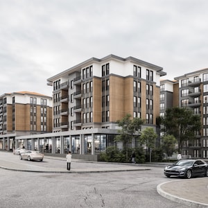 Peut inclure: Une représentation architecturale d'un complexe d'appartements moderne. Les bâtiments présentent des façades mêlant beige, gris et blanc, avec des balcons et de grandes fenêtres. Des voitures et des piétons sont visibles dans la rue.