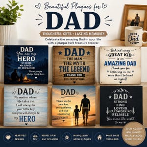 May include: A collection of six rectangular metal plaques featuring various designs and text dedicated to fathers. Each plaque displays unique typography and imagery, including silhouettes of people, mountain landscapes, and sunset beach scenes.