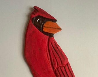 Chainsaw Carved Cardinal; Rustic Log Home Carving; Unique Gift for Cabin; Carved Wood Songbird