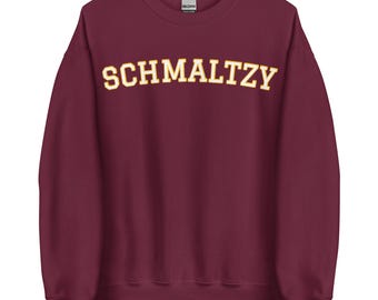 シュマルツィ スウェットシャツ、ユニセックス コージー クルーネック スウェットシャツ、イディッシュ バーシティ デザイン、イディッシュ語スウェットシャツ、面白いユダヤ人スウェットシャツ ギフト