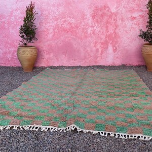 May include: A green and brown checkered rug with a white fringe border. The rug is laid out on a gravel surface in front of a pink wall with two potted green plants.