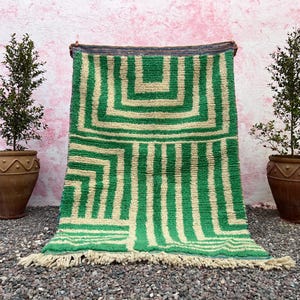 Pode incluir: Um tapete com padr&atilde;o geom&eacute;trico verde e creme com borda com franjas. O tapete &eacute; exibido contra uma parede rosa, ladeado por duas plantas em vasos de terracota marrom. O design do tapete apresenta quadrados e listras verticais.