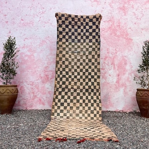 May include: A long, rectangular rug with a checkered pattern in black and beige. The rug has a fringe with red tassels at the bottom. Two potted plants flank the rug against a pink textured wall.