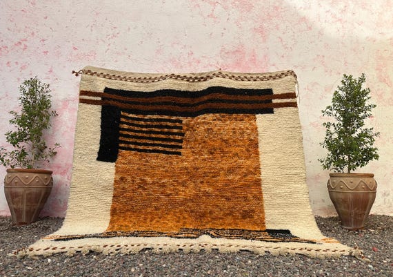 Gorgeous Beni Ourain Rug- Beige Rug- Emerald yellow Rug- woven rug-colorful rug- Brown wool Beniourain Carpet, Unique Geometric Rug
