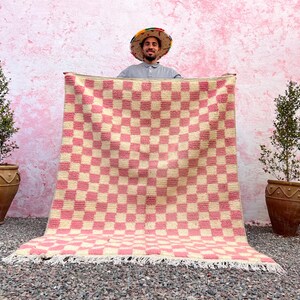 Tappeto marocchino a quadri, tappeto Beni Ourain, tappeto marocchino, tappeto marocchino fatto a mano, tappeto da corridoio a quadri, tappeto a quadri rosa, tappeto personalizzato, tappeto di lana