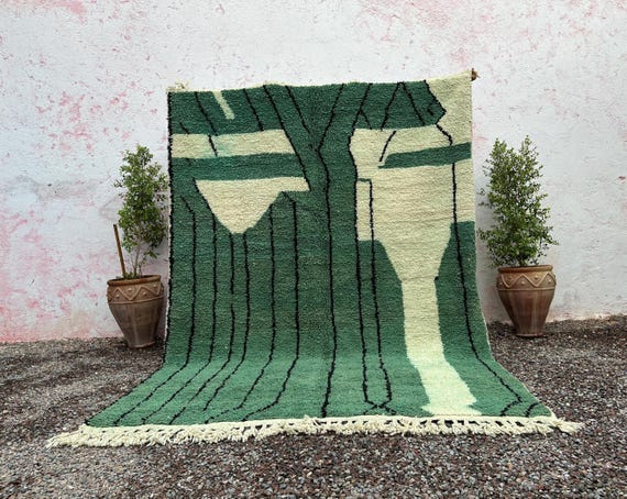 Gorgeous Beni Ourain Rug- Green And White Rug- Emerald Green Rug- woven rug-colorful rug- green wool Beniourain Carpet, Unique Geometric Rug