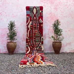 Puede incluir: Una vibrante alfombra rectangular con un fondo rojo y patrones geométricos intrincados en blanco, azul, verde y naranja. La alfombra tiene un borde con flecos y se muestra verticalmente. Dos plantas en macetas flanquean la alfombra.