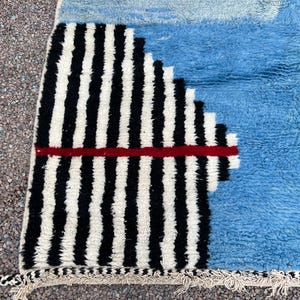 May include: A close-up of a blue and white rug with a black and white striped pattern on the left side. A red stripe runs horizontally across the black and white stripes. The rug has a shaggy texture and a fringe along the bottom edge.
