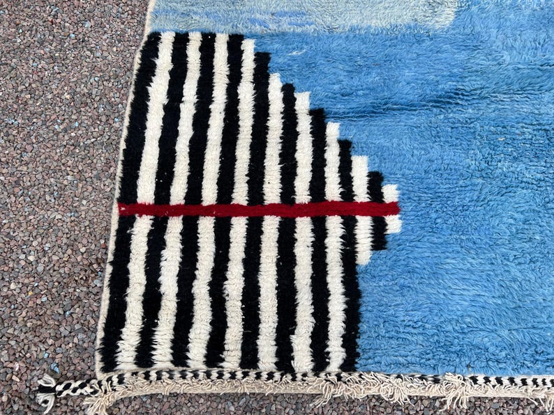 May include: A close-up of a blue and white rug with a black and white striped pattern on the left side. A red stripe runs horizontally across the black and white stripes. The rug has a shaggy texture and a fringe along the bottom edge.