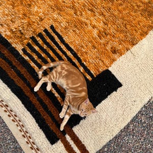 May include: A geometric patterned rug in shades of orange, black, brown, and cream. A ginger tabby cat is lying on the rug. The rug has a textured, woven appearance, with a mix of geometric shapes and stripes.