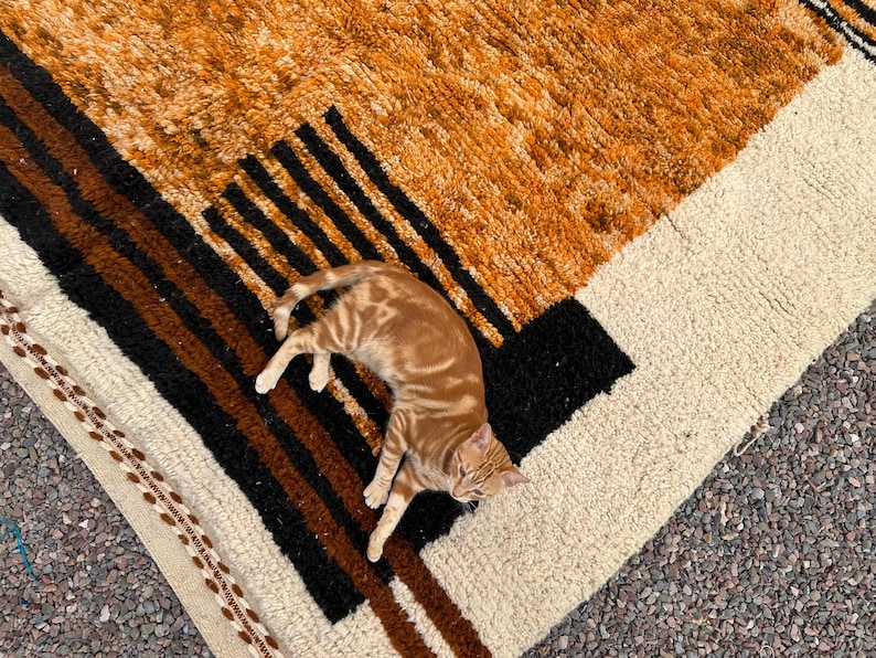 May include: A geometric patterned rug in shades of orange, black, brown, and cream. A ginger tabby cat is lying on the rug. The rug has a textured, woven appearance, with a mix of geometric shapes and stripes.