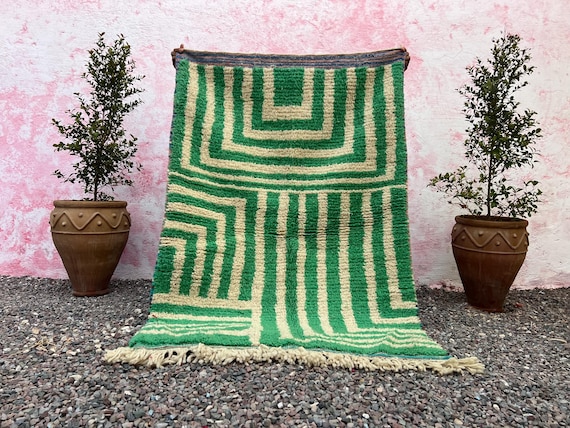 Gorgeous Beni Ourain Rug- Green And Beige Rug- Emerald Green Rug- woven rug-colorful rug- green wool Beniourain Carpet, Unique Geometric Rug