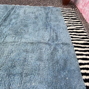 May include: A rectangular rug with a light blue, textured center and a black and white striped border. The rug has a soft, plush appearance, suitable for a living room or bedroom. The rug's dimensions are not visible.