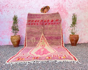 Tapete marroquino rosa - Tapete Boujaad marroquino - Tapete feito à mão - Tapete marroquino personalizado - Tapete rosa e branco - Tapete berbere - Tapete para decoração de casa