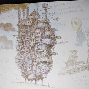 May include: A black and white pencil sketch of a large, detailed, flying machine with a whimsical design. The machine has a large, round head with a mouth and eyes, and a long, thin body with many windows and chimneys. The machine is surrounded by clouds and has a small figure standing on the ground below it.