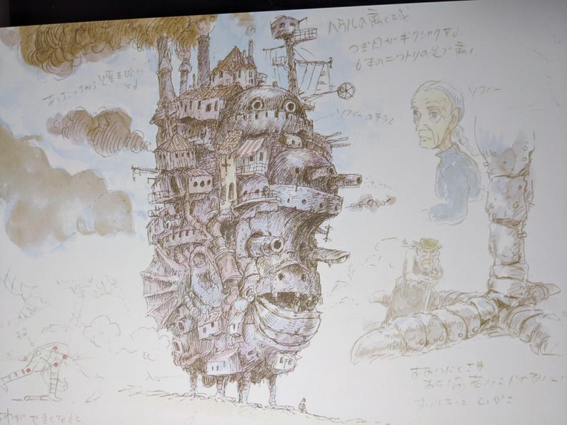 May include: A black and white pencil sketch of a large, detailed, flying machine with a whimsical design. The machine has a large, round head with a mouth and eyes, and a long, thin body with many windows and chimneys. The machine is surrounded by clouds and has a small figure standing on the ground below it.