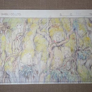 May include: A hand-drawn animation cel from Studio Ghibli featuring a forest scene with several Kodama spirits. The artwork is in pencil and watercolor, with the text "STUDIO GHIBLI CO.,LTD." at the top. The scene is filled with trees and foliage.