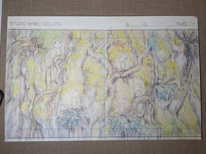 May include: A hand-drawn animation cel from Studio Ghibli featuring a forest scene with several Kodama spirits. The artwork is in pencil and watercolor, with the text "STUDIO GHIBLI CO.,LTD." at the top. The scene is filled with trees and foliage.