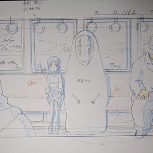 May include: A black and white pencil sketch of a scene from the animated film Spirited Away. The scene depicts a young girl, a faceless spirit, and a man in a hat sitting on a train. The text "Book A" and "Follom" are visible on a sign in the background.