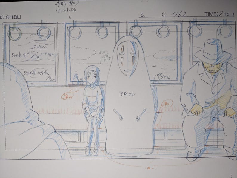 May include: A black and white pencil sketch of a scene from the animated film Spirited Away. The scene depicts a young girl, a faceless spirit, and a man in a hat sitting on a train. The text "Book A" and "Follom" are visible on a sign in the background.