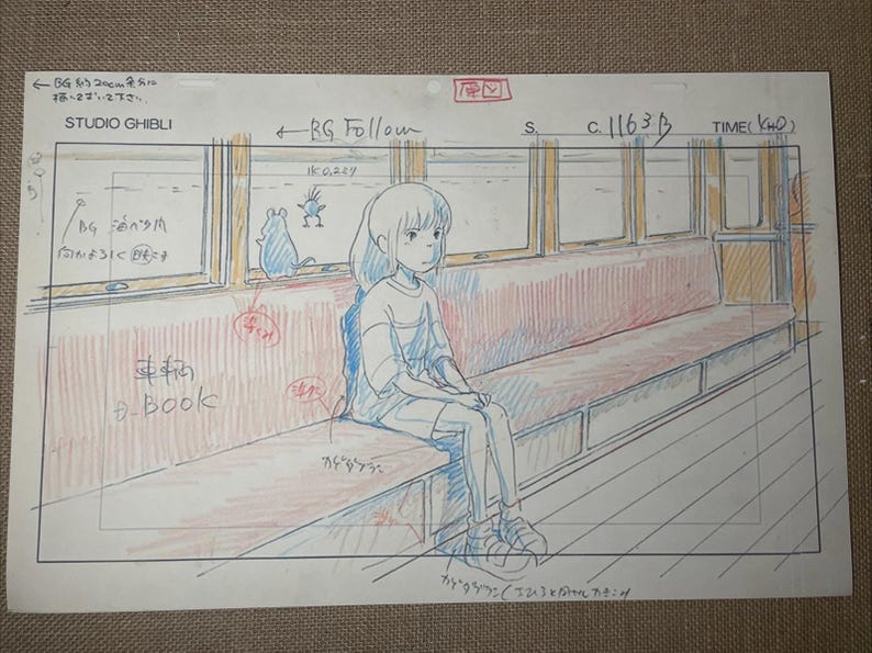May include: A Studio Ghibli animation cel featuring a young girl seated on a train bench. The cel is hand-drawn with blue, red, and yellow hues. The text "STUDIO GHIBLI" is visible, along with Japanese text and annotations.