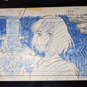 May include: A black and white pencil sketch of a young woman with long hair, wearing a light-colored shirt. She is standing next to a character with a top hat and a large smile. The background is a blue and white pattern.