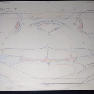 May include: A close-up drawing of a cartoon character's face. The character has large eyes, a wide mouth, and a large nose. The drawing is done in pencil and colored pencil on a white sheet of paper. The text "STUDIO GHIBLI CO., LTD." is visible at the top of the page.