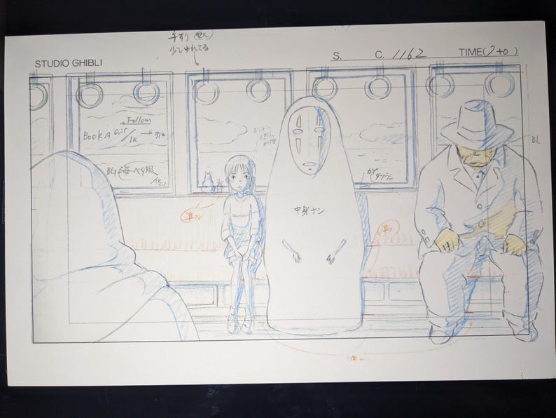 May include: A black and white pencil sketch of a scene from the animated film Spirited Away. The scene depicts a train car with three characters: a young girl, a faceless spirit, and a man in a hat. The text "TIME(+0)" is written in the upper right corner of the image.