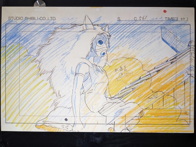 May include: A black and white pencil drawing of a woman with long, flowing hair wearing a mask and a dress. The drawing is on a white background with yellow and blue lines.