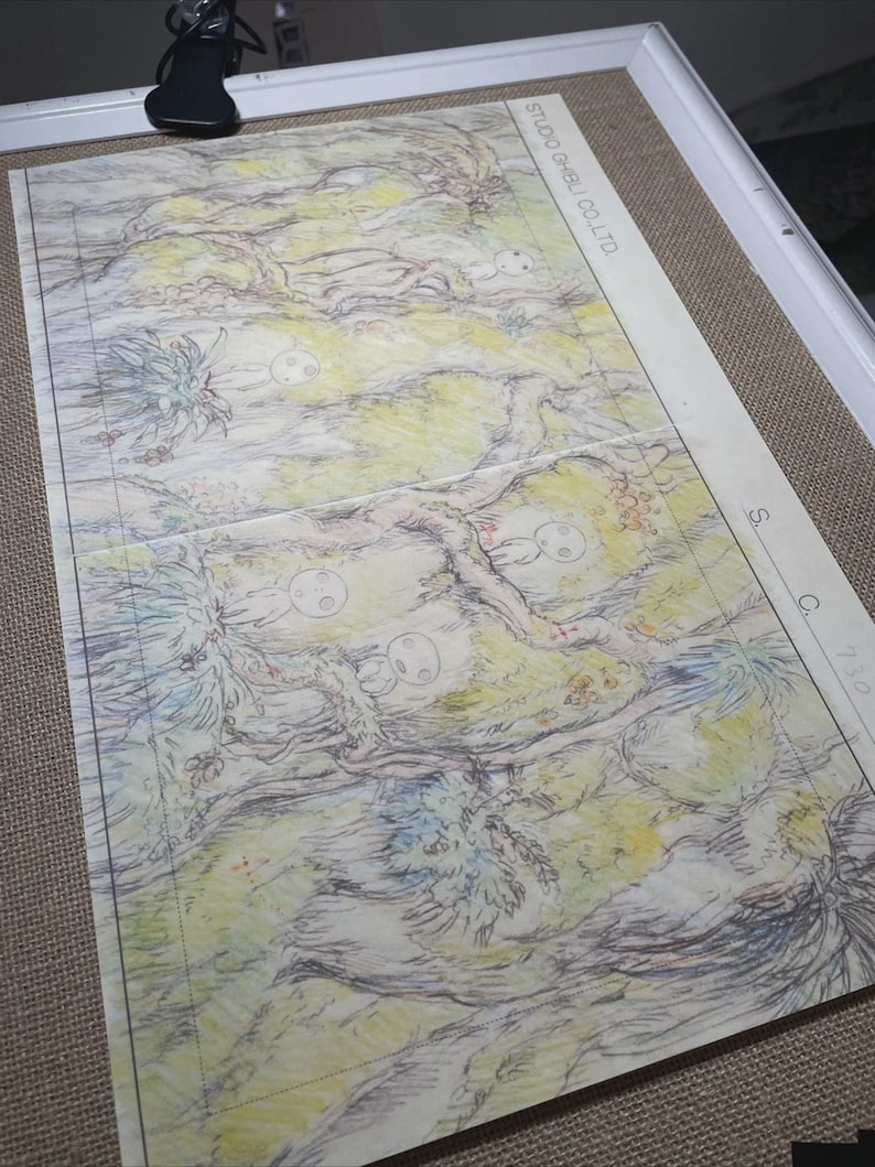 May include: A detailed animation cel featuring a forest scene with trees, foliage, and small, round, white characters. The artwork is in shades of green, yellow, and blue, with black outlines. The text "STUDIO GHIBLI CO., LTD" is visible.