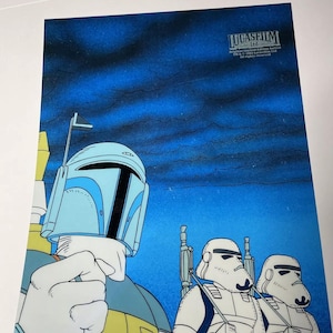 May include: A cel animation featuring Boba Fett and two Stormtroopers. The background is a dark blue with white clouds. The image is from the Lucasfilm Ltd. Original Limited Edition Cel Series.