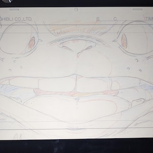 May include: A close-up drawing of a cartoon character's face. The character has large eyes, a wide mouth, and a large nose. The drawing is done in pencil and colored pencil.