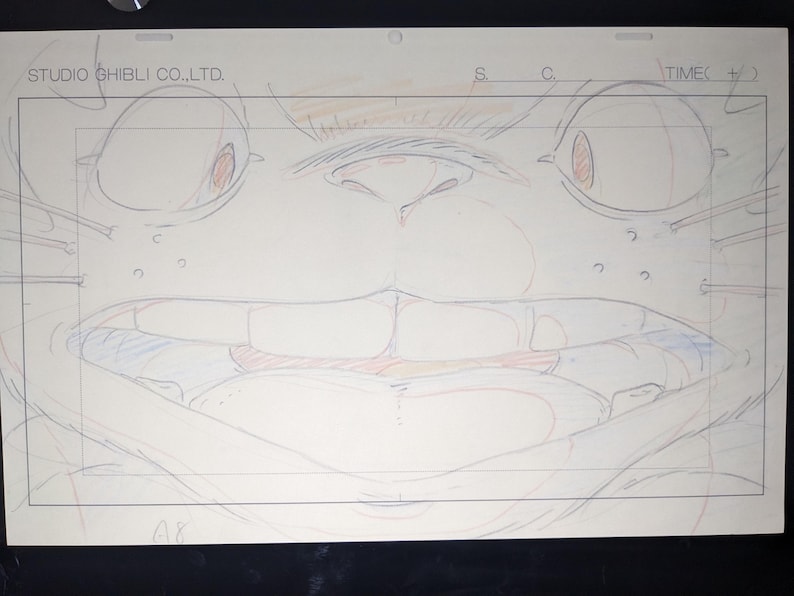 May include: A close-up drawing of a cartoon character's face. The character has large eyes, a wide mouth, and a large nose. The drawing is done in pencil and colored pencil.