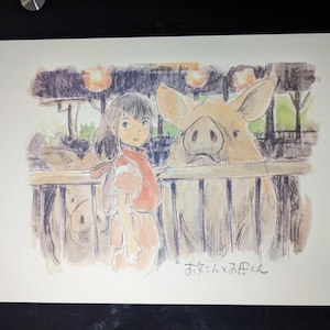 May include: A watercolor illustration of a young girl with long brown hair standing in front of a pen of pigs. The girl is wearing a red and white dress and is looking at the viewer. The pigs are brown and white and are looking at the girl. The illustration is signed "Studio Ghibli" in Japanese.