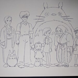 May include: A black and white line drawing of a group of characters from the animated film My Neighbor Totoro. The characters include a young girl with pigtails, a young boy, a man with glasses, a woman in a kimono, and a large, furry creature with big eyes. The creature is Totoro, a mythical creature from the film.