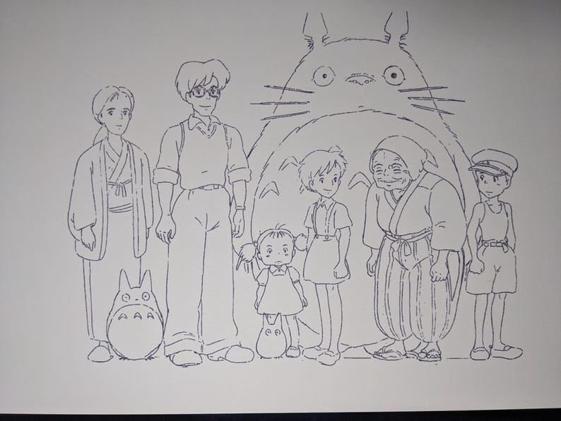 May include: A black and white line drawing of a group of characters from the animated film My Neighbor Totoro. The characters include a young girl with pigtails, a young boy, a man with glasses, a woman in a kimono, and a large, furry creature with big eyes. The creature is Totoro, a mythical creature from the film.