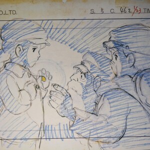 May include: A black and white pencil sketch of three characters. The character on the left is a young woman with long hair wearing a hat. The character in the middle is a man with a hat and a beard. The character on the right is a man with a hat. The characters are looking at each other. The sketch is on a white background. The text "GHIBLI CO. LTD." is in the top left corner of the image. The text "S. B. C. 462 1/3 TIME" is in the top right corner of the image.