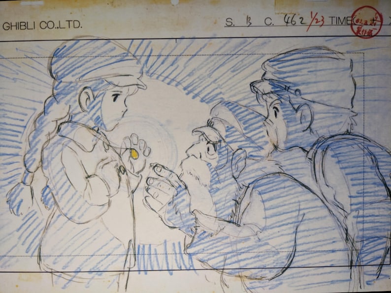 May include: A black and white pencil sketch of three characters. The character on the left is a young woman with long hair wearing a hat. The character in the middle is a man with a hat and a beard. The character on the right is a man with a hat. The characters are looking at each other. The sketch is on a white background. The text "GHIBLI CO. LTD." is in the top left corner of the image. The text "S. B. C. 462 1/3 TIME" is in the top right corner of the image.