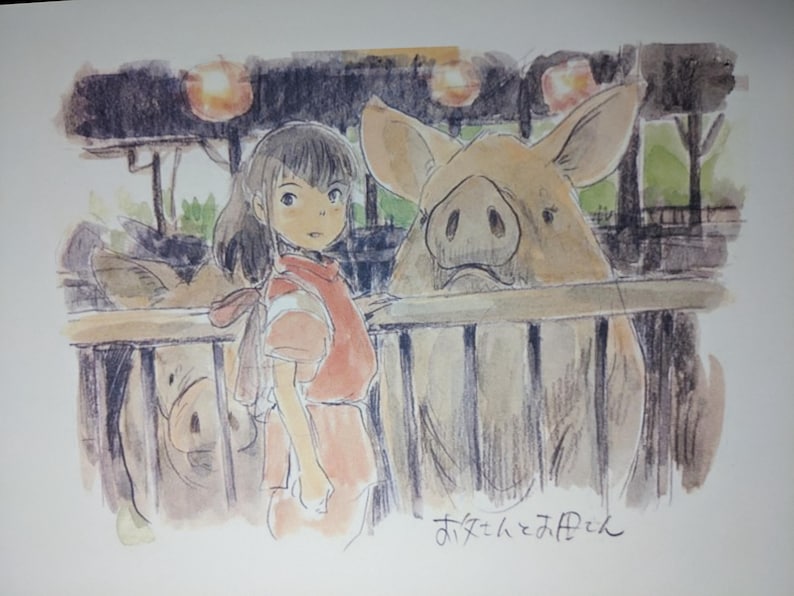 May include: A watercolor illustration of a young girl with long brown hair wearing a red shirt standing next to a pen of pigs. The girl is looking at the viewer. The image is signed "おとなのおとぎ話".