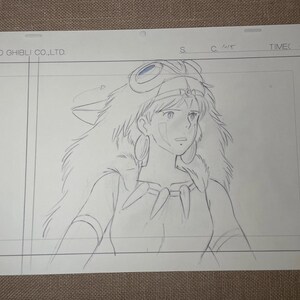 Peut inclure: Un croquis au crayon d'un personnage f&eacute;minin d'anime aux longs cheveux, portant une capuche doubl&eacute;e de fourrure et de grandes boucles d'oreilles. Le dessin est sur un papier blanc avec le texte "STUDIO GHIBLI CO., LTD." en haut &agrave; gauche.