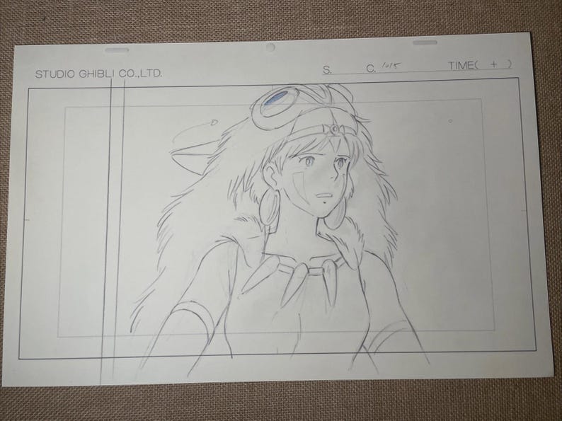 Peut inclure: Un croquis au crayon d'un personnage f&eacute;minin d'anime aux longs cheveux, portant une capuche doubl&eacute;e de fourrure et de grandes boucles d'oreilles. Le dessin est sur un papier blanc avec le texte "STUDIO GHIBLI CO., LTD." en haut &agrave; gauche.