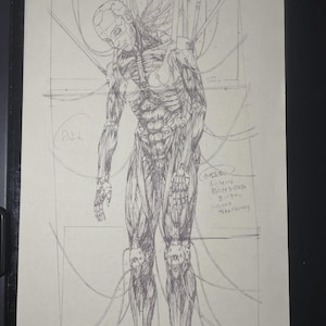 May include: Pencil sketch of a cyborg figure, showcasing detailed anatomical and mechanical elements. The artwork depicts a humanoid form with exposed muscles and internal structures, connected by numerous wires. The figure's head is partially robotic, with a focused, downward gaze.