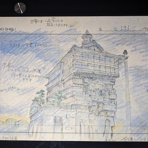 May include: A black and white pencil drawing of a multi-level building with a complex design. The building is surrounded by a light blue sky with clouds. The drawing is labeled "Studio Ghibli" and "S. C. 521".