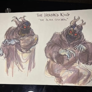 May include: A black and white illustration of The Horned King from the movie The Black Cauldron. The Horned King is wearing a dark robe and has horns and red eyes.
