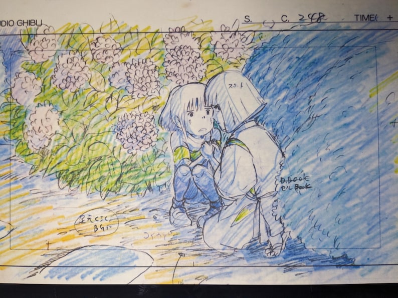 K&ouml;nnte beinhalten: Eine handgezeichnete Illustration von zwei Figuren aus dem Animationsfilm 'Chihiros Reise ins Zauberland' von Studio Ghibli. Die Figuren sind mit Bleistift gezeichnet und in Blau, Gr&uuml;n und Gelb koloriert. Die Figuren sitzen in einem Garten mit Hortensienbl&uuml;ten.