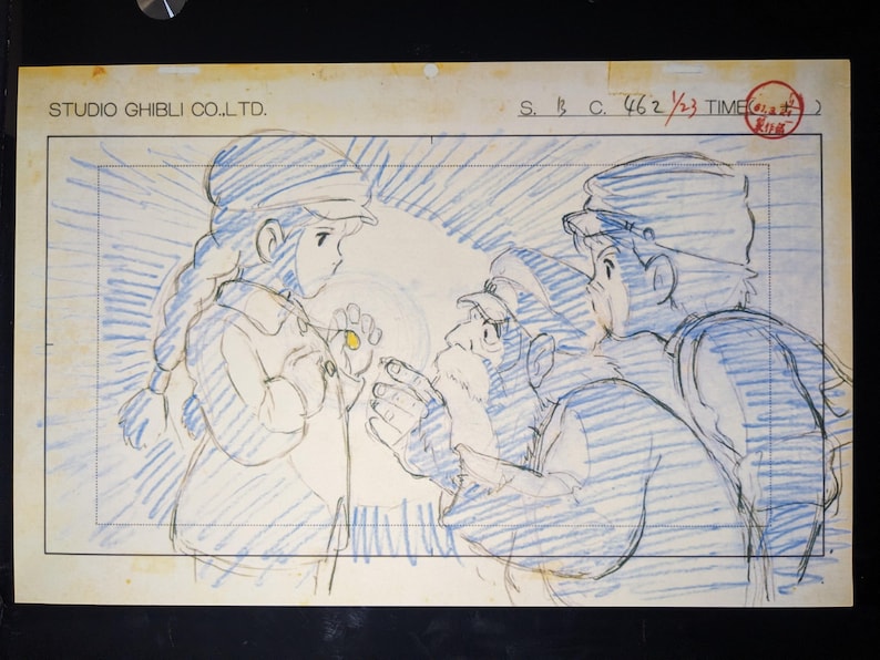 May include: A black and white pencil sketch of three characters from a Studio Ghibli film. The characters are drawn in a simple style with a focus on their expressions and poses. The text "Studio Ghibli Co., Ltd." is visible in the top left corner of the image. The text "S.B.C. 462 1/3 TIME" is visible in the top right corner of the image.