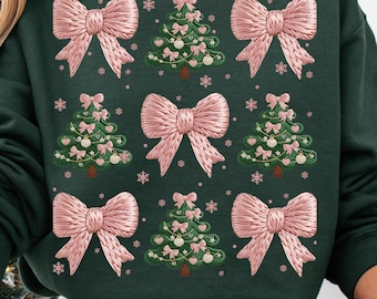 Pink Embroidered Christmas Tree and Bow PNG Set Coquette Aesthetic Digital Download 3x3 Design Vintage Stitch Texture Clipart for Crafts