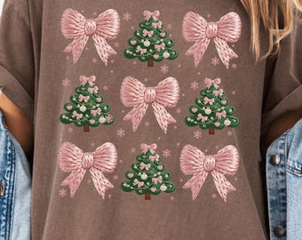 Pink Embroidered Christmas Tree and Bow PNG Set Coquette Aesthetic Digital Download 3x3 Design Vintage Stitch Texture Clipart for Crafts